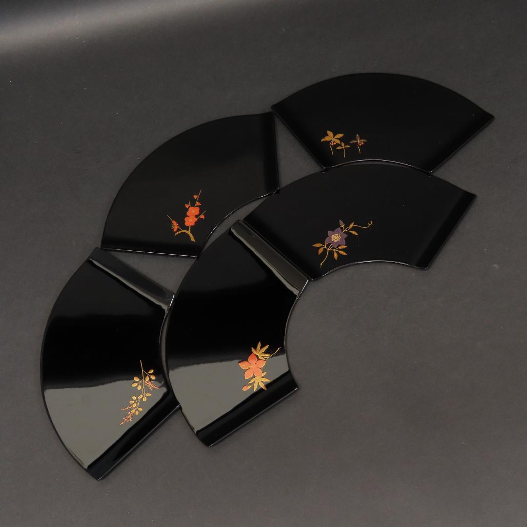 ⭕393 美品 高級輪島塗 漆工房謹製 本金蒔絵草花 絵変 銘々皿5客 煎茶道具