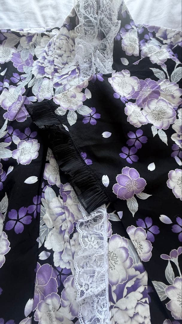 浴衣ドレス 黒紫花柄 浴衣フリフリレース フリル 姫ギャル 地雷