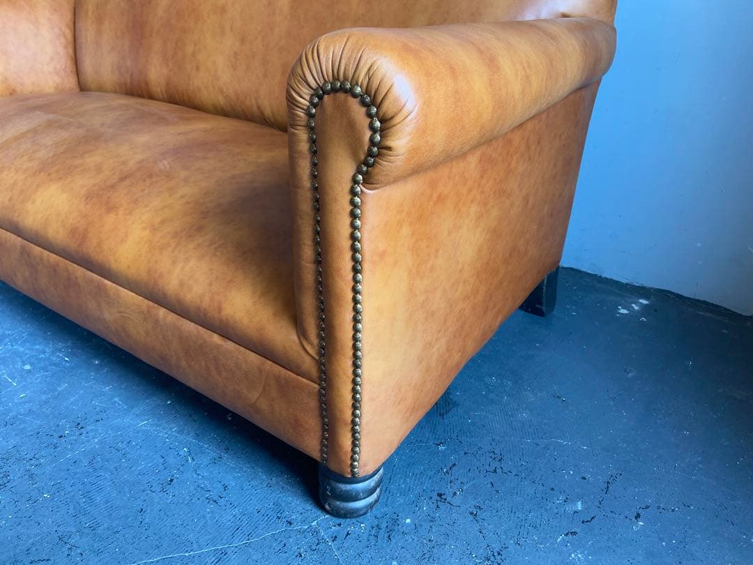【展示品セール】アンティークソファ本革鋲ヴィンテージレザー張インダストリアル