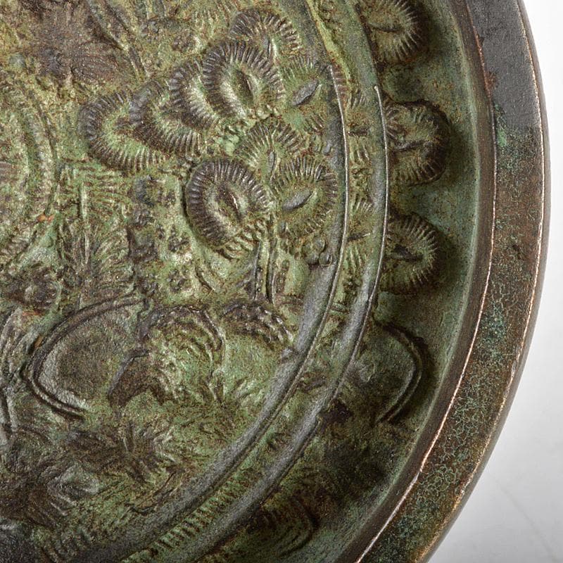 天下一飯村作　古銅　双鶴松竹梅文　銅鏡　古鏡　時代箱付　V　R5548