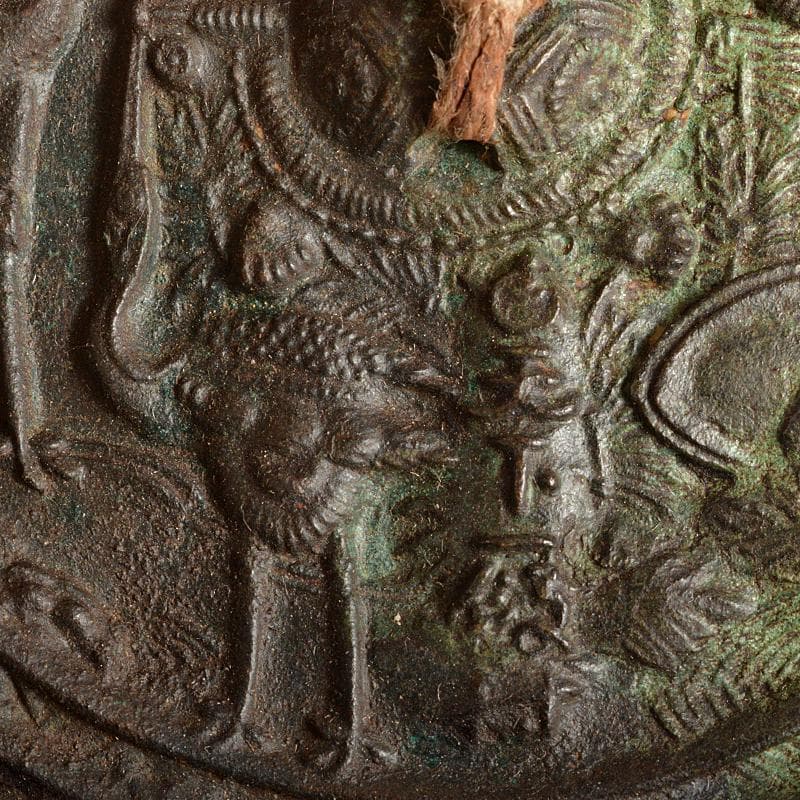 天下一飯村作　古銅　双鶴松竹梅文　銅鏡　古鏡　時代箱付　V　R5548