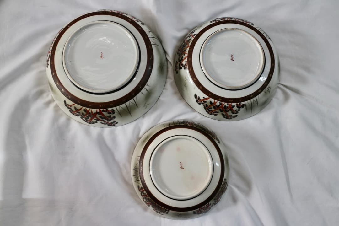 古九谷 九谷焼 三ツ鉢 三ツ丼 三重鉢 重ね鉢 深鉢 鶴松図 富士 色絵