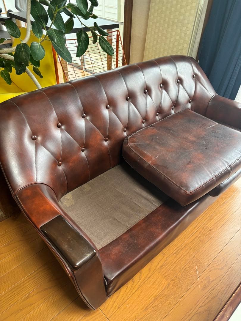 昭和レトロ 2人掛けソファ 合皮 ブラウン アンティーク風