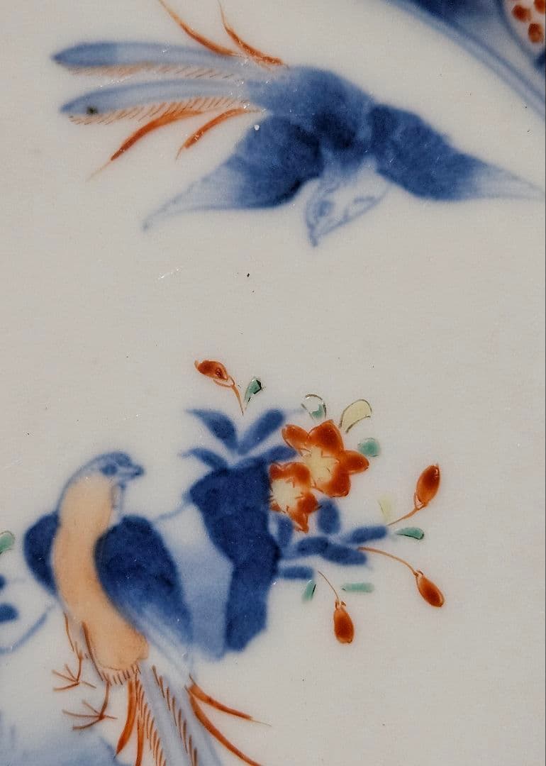 【名品❗】江戸時代後期　柿右衛門様式　染錦　双鳥に　梅花紅葉赤花図　輪花皿　2客