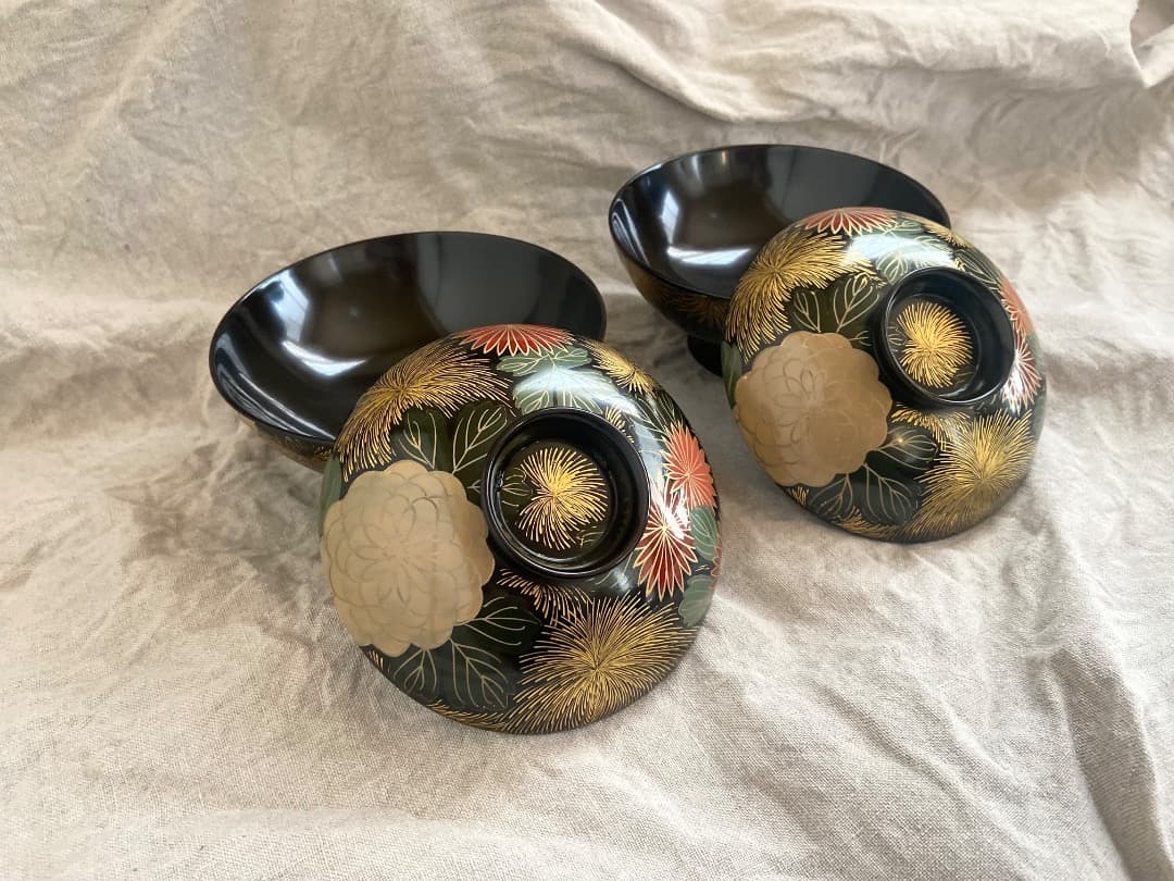 輪島塗 菊詰沈金花蒔絵 蓋付椀 2客 / 懐石椀・吸物椀・雑煮椀