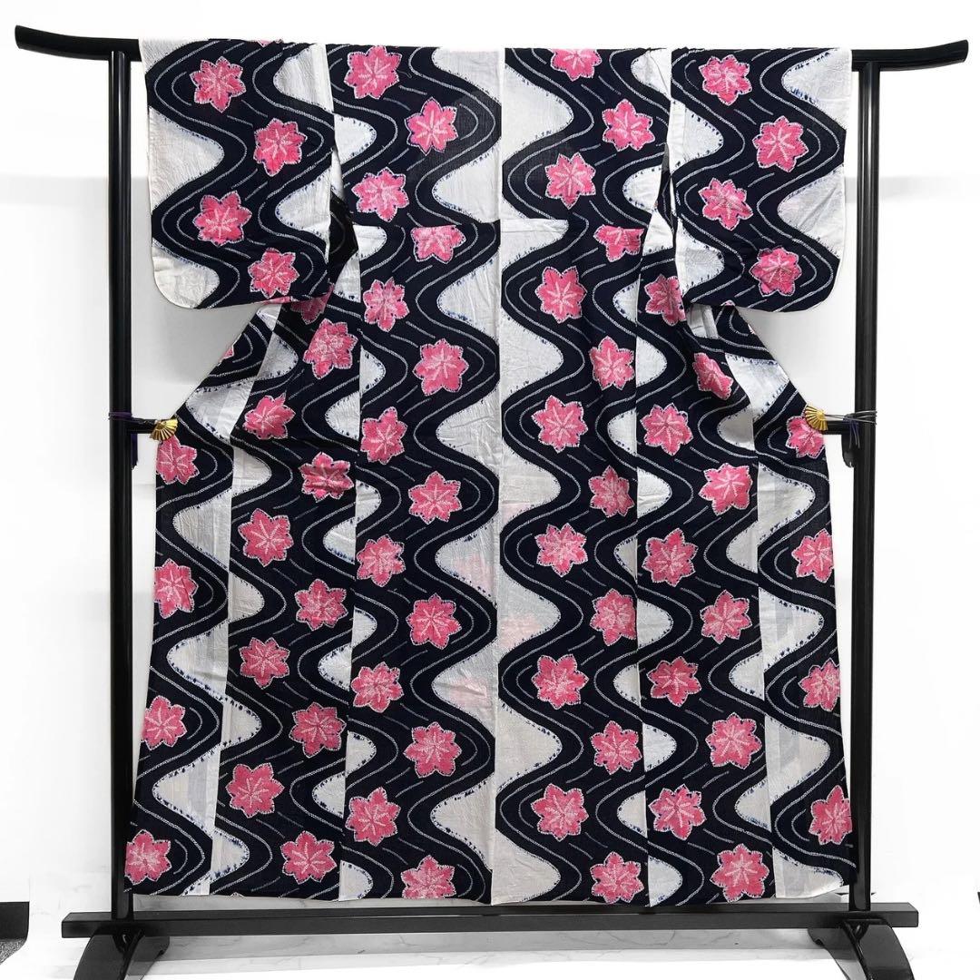 浴衣　有松鳴海絞り　藍染　楓　流水　ネイビー　ピンク　着物　035a d