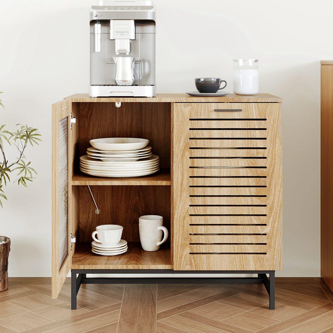 新品未開封 キャビネット 木目調 サイドボード LEDライト付き 北欧風