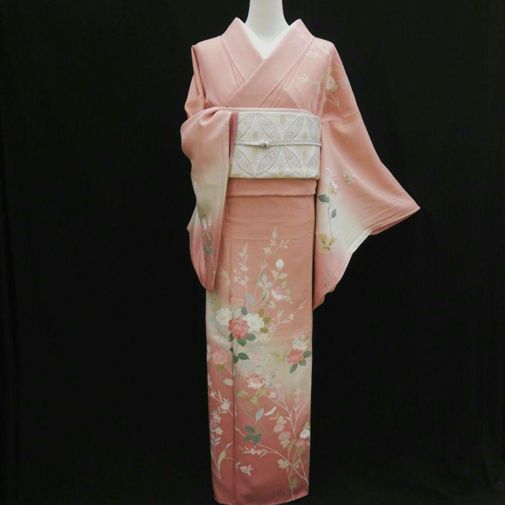 訪問着(袷)　(友禅四季の花紋様　トールサイズ裄69㌢　宍色系　一つ縫い紋)