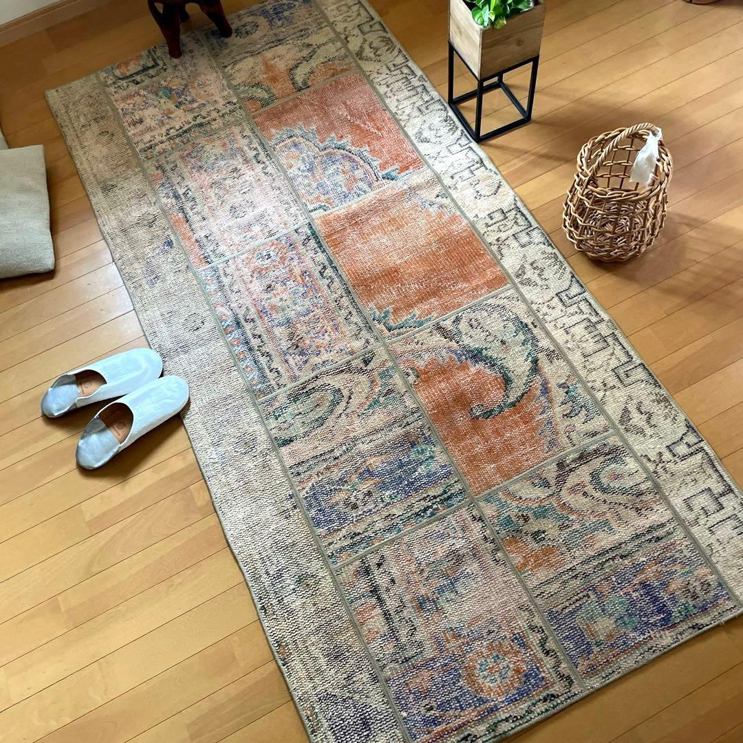 91×191優しいオレンジカラー　パッチワーク　トルコヴィンテージラグ