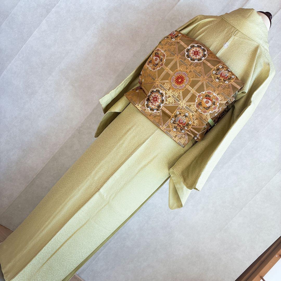 色無地　フルセット　着物　正絹　ロング丈　比翼仕立　グリーン系　瑞寶　落款　G7