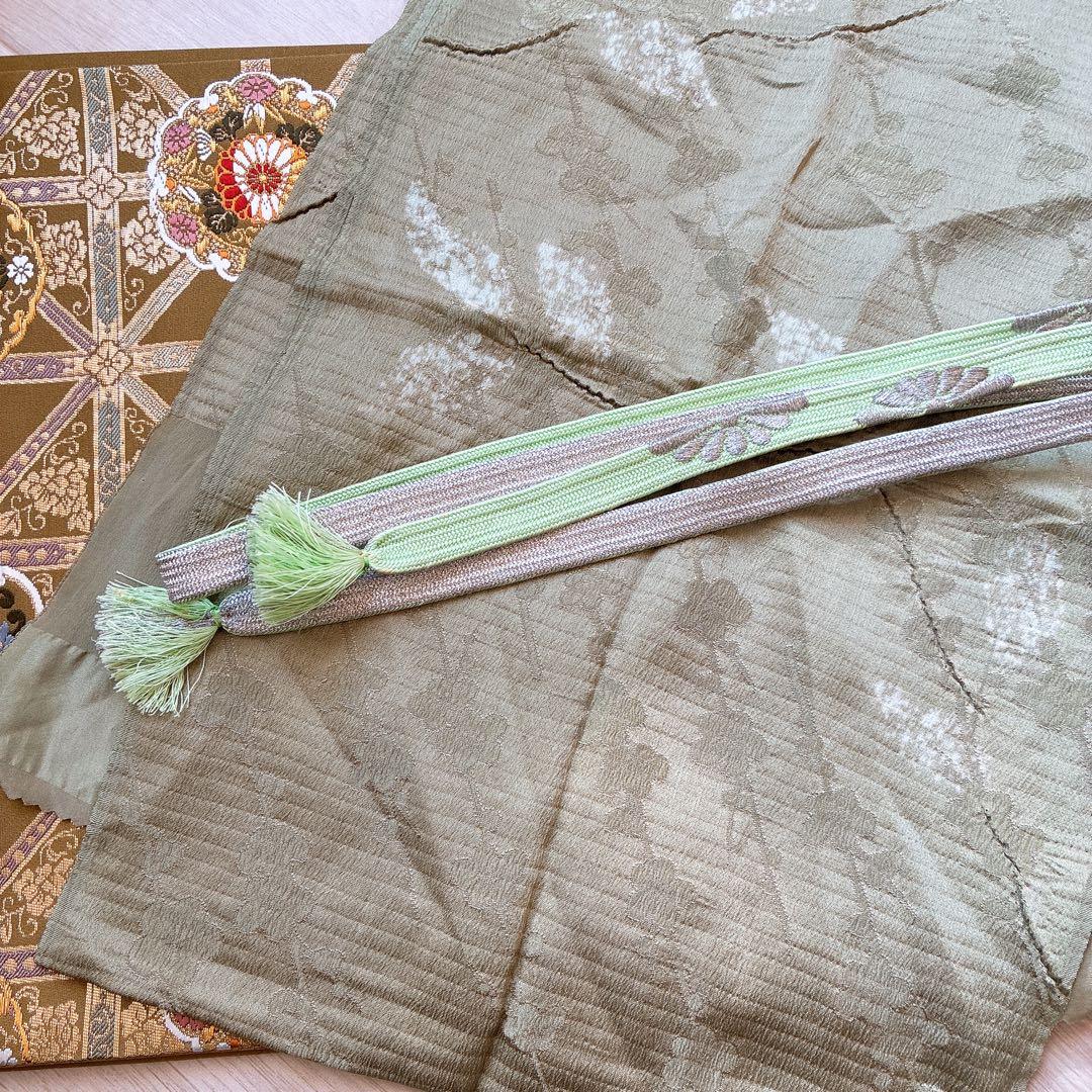 色無地　フルセット　着物　正絹　ロング丈　比翼仕立　グリーン系　瑞寶　落款　G7