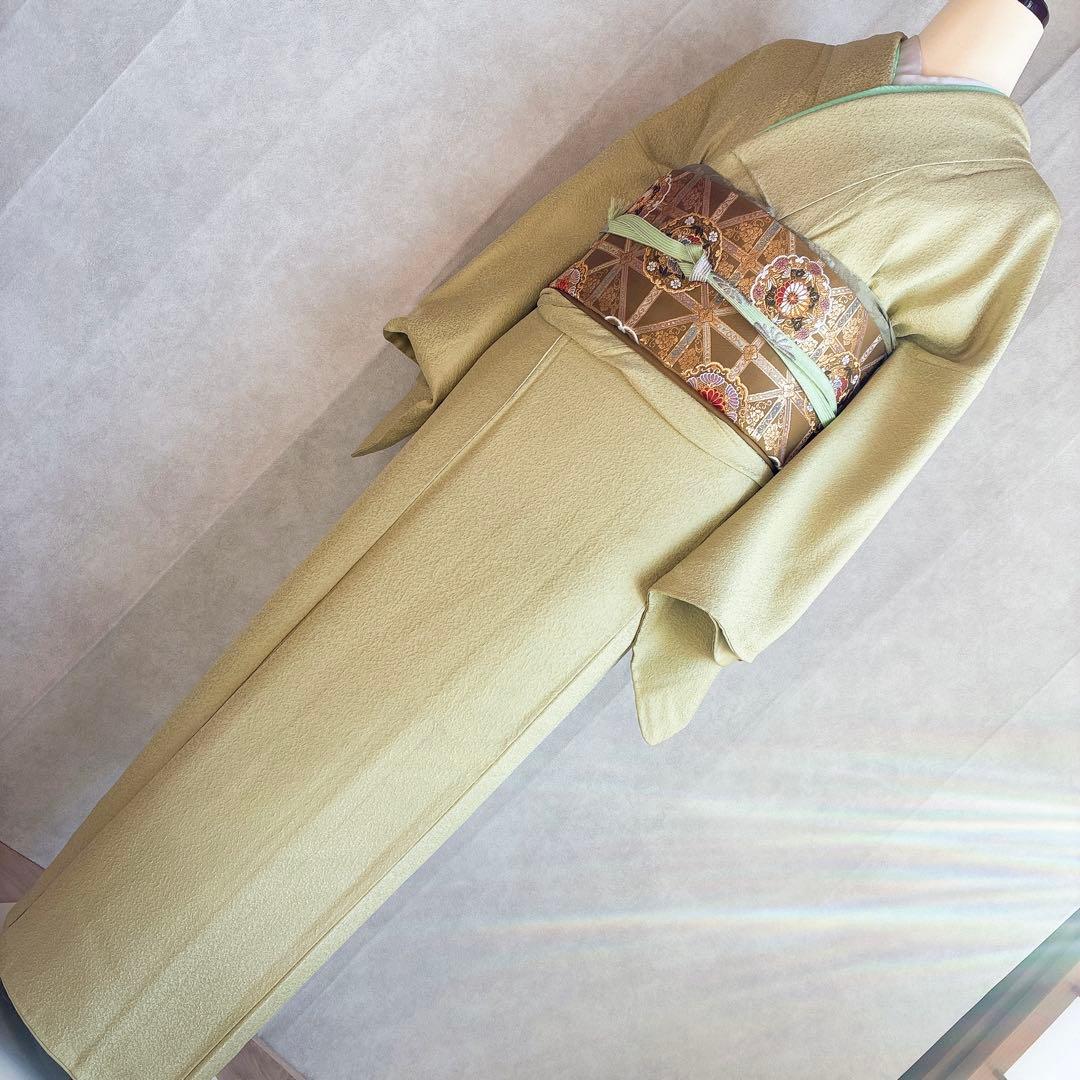 色無地　フルセット　着物　正絹　ロング丈　比翼仕立　グリーン系　瑞寶　落款　G7