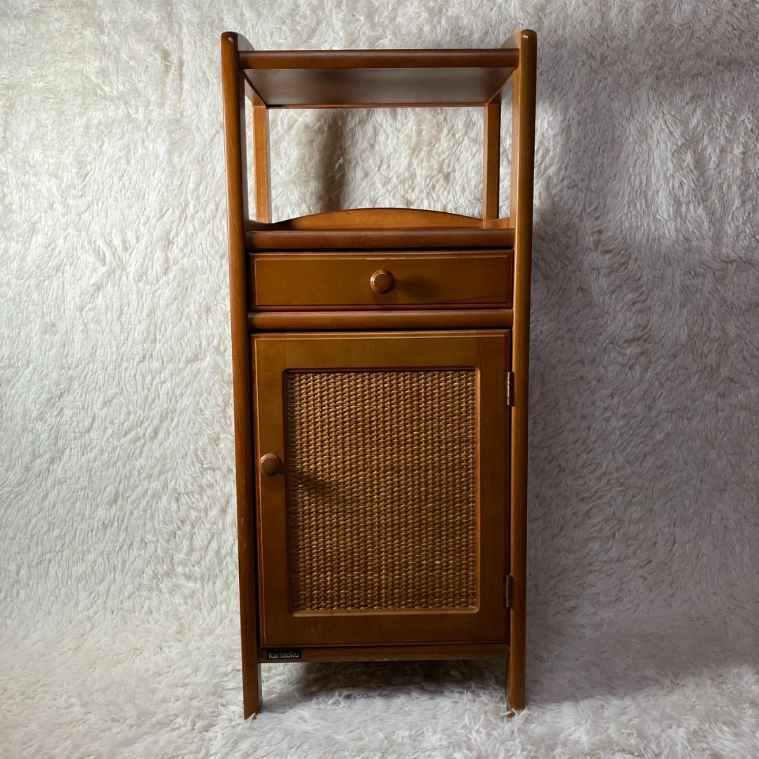 美品 オールドカリモク KARIMOKU 電話台 棚 フリーラック ラタン 籐