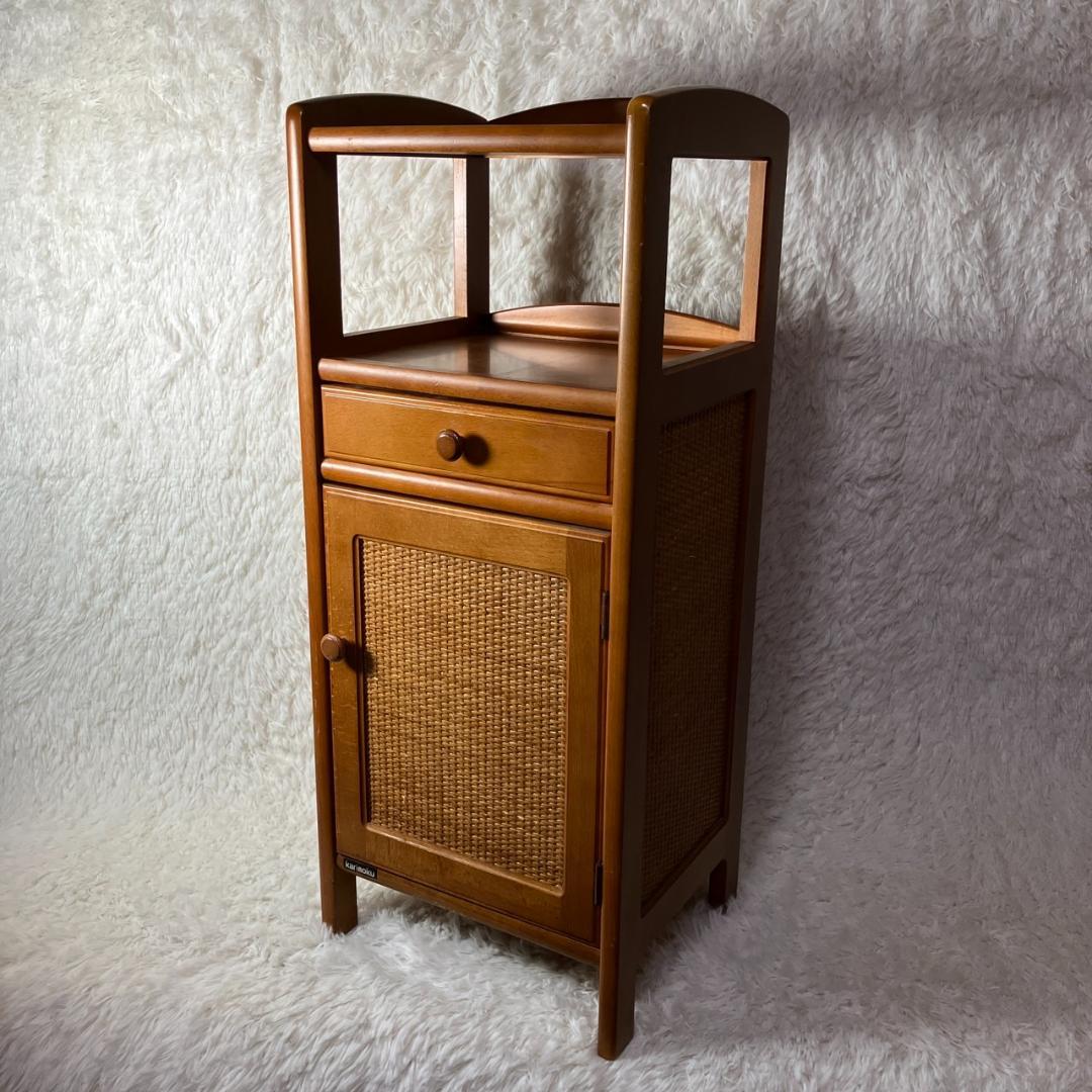 美品 オールドカリモク KARIMOKU 電話台 棚 フリーラック ラタン 籐