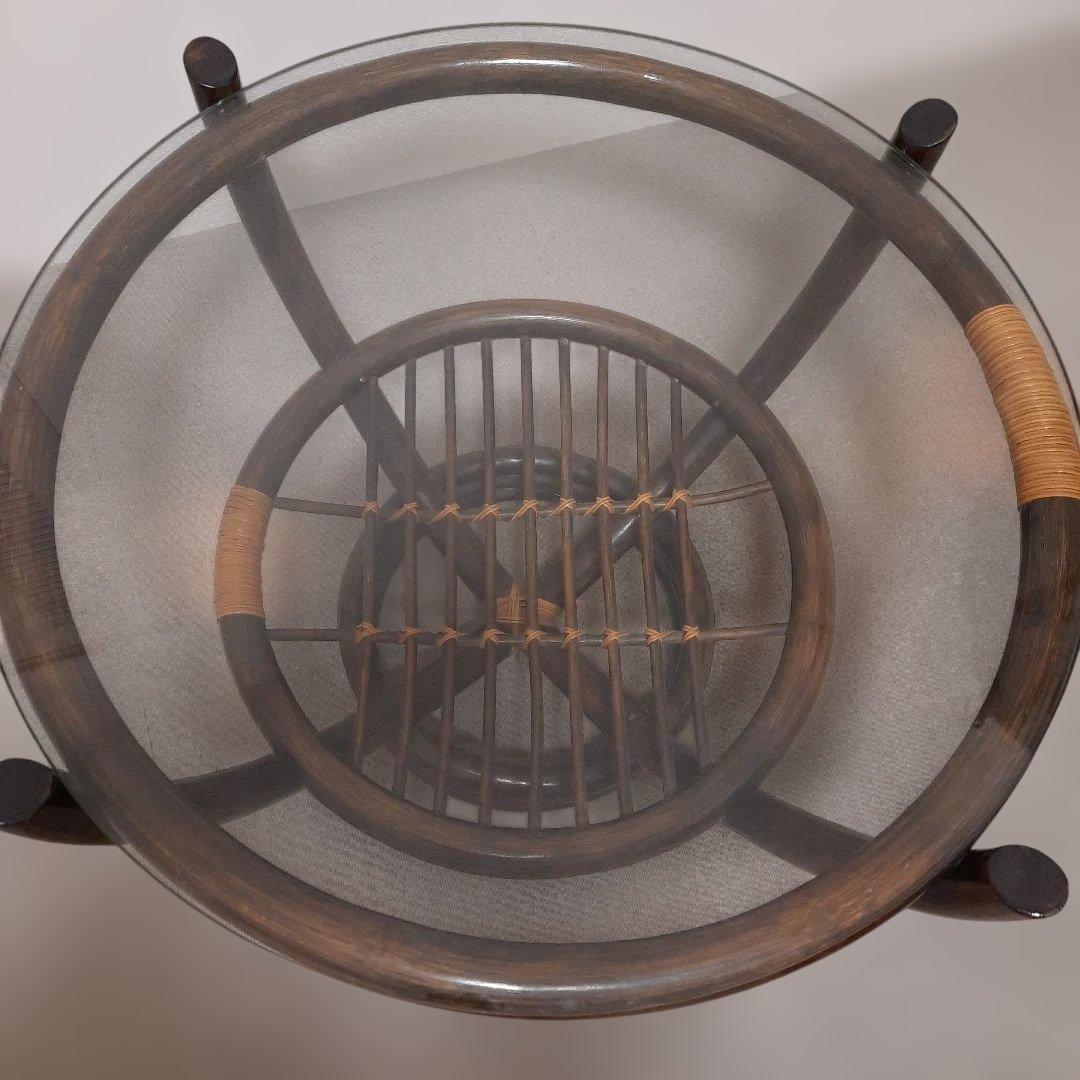 ガラステーブル ラタン 籘 サイドテーブル 円形 ガラス天板