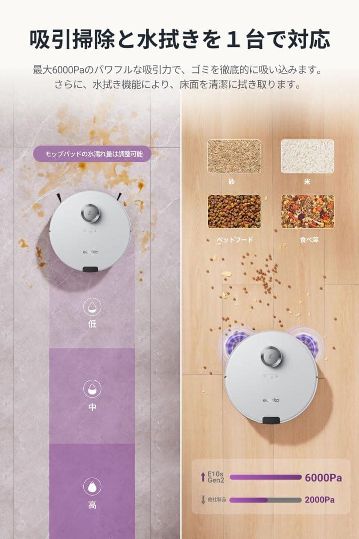 EUREKA E10s gen2（ユーリカ）ロボット掃除機6000pa強力吸引白