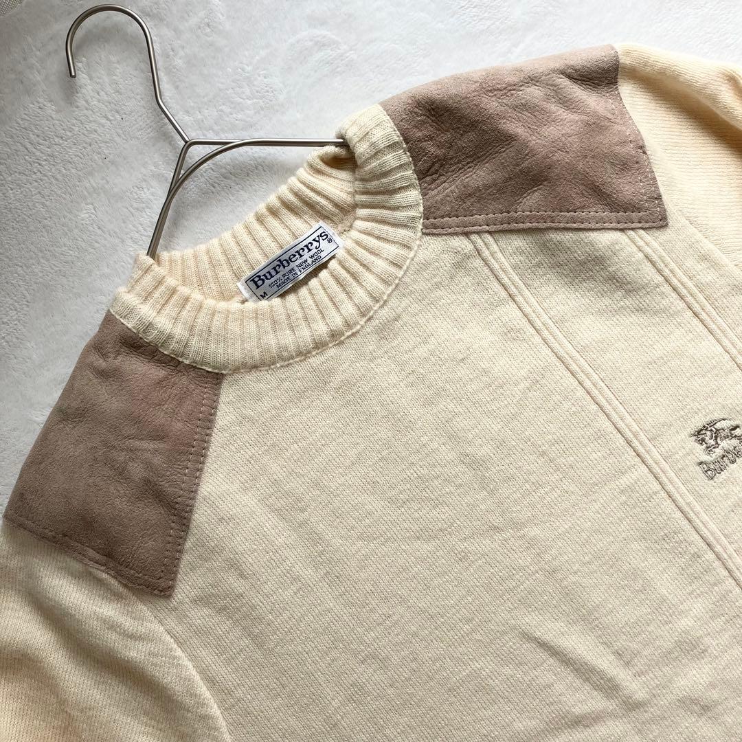 【美品】バーバリー ショルダー エルボーパッチ 長袖ニット 90s アイボリー