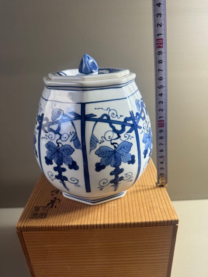 1552 平安景雲　染付葡萄棚文　水指　共箱