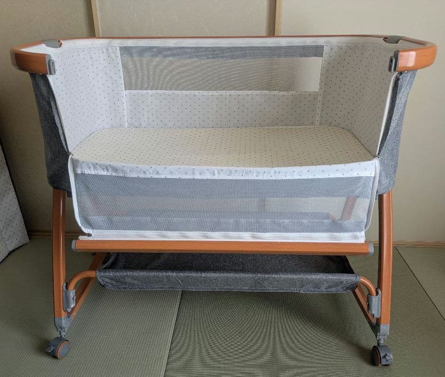 【送料込み】ベビーベッド グレー 高さ調整可能 ゆりかご 蚊帳付き