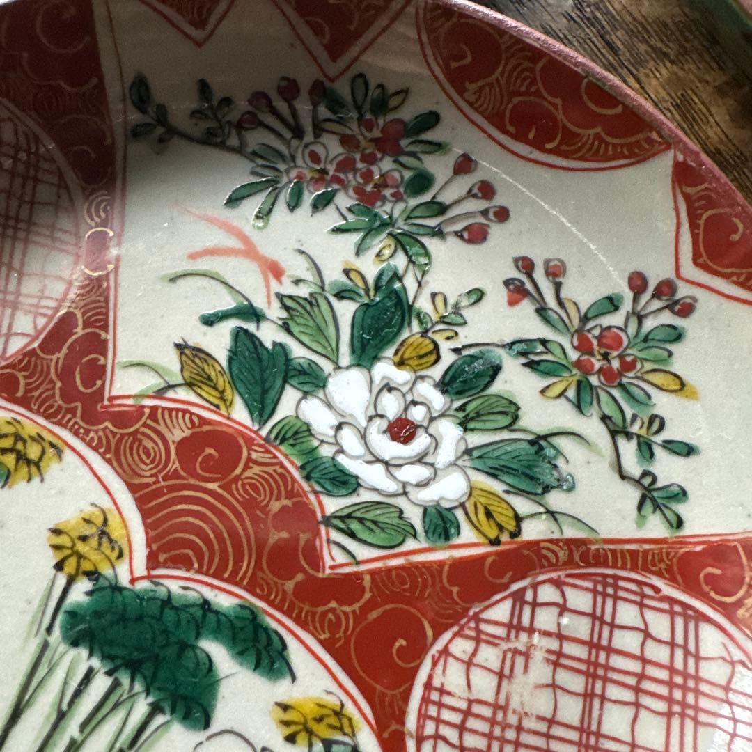 時代 青九谷 【九谷庄三】 窓絵花人物文小皿 5客組　K317