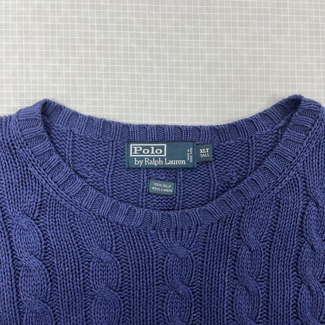 【極上シルクリネン】ポロラルフローレン ケーブルニット 紫紺 XLT 身幅76