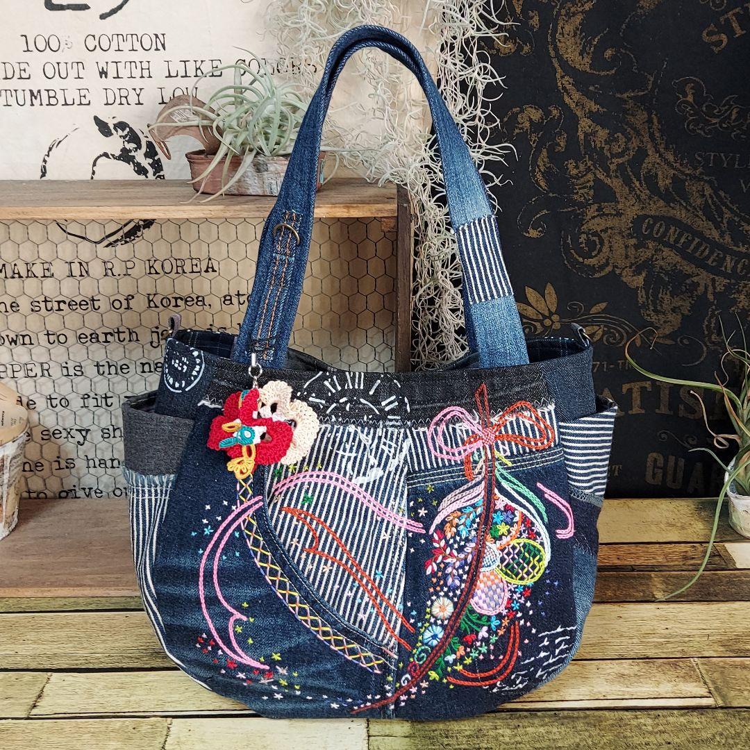 【MINMI】刺繍デニムバック　No.672　ショルダーベルト