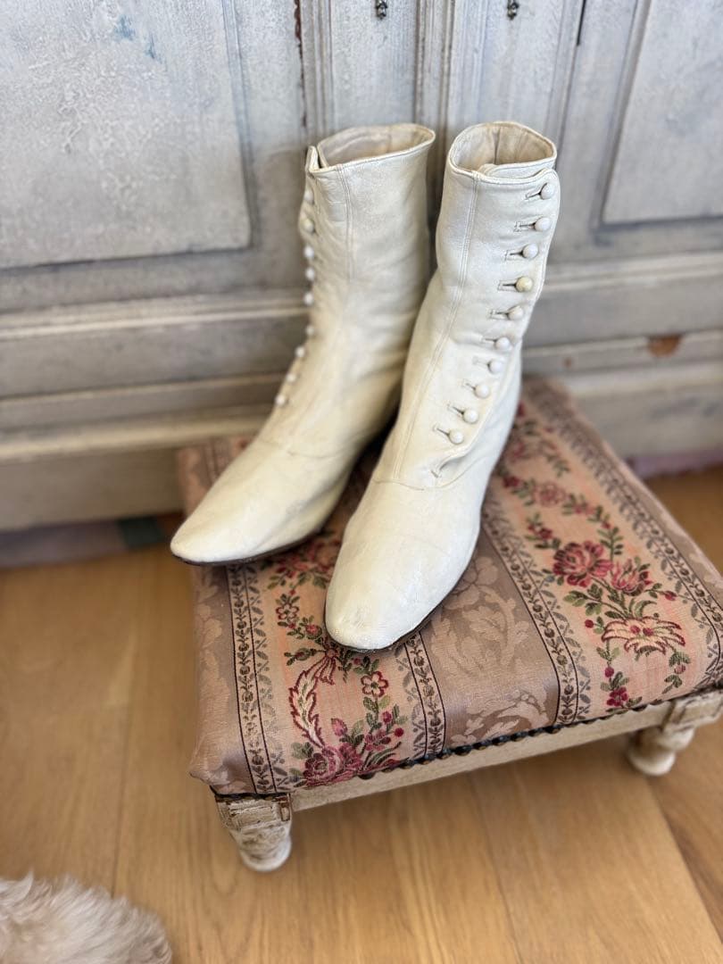 フランスアンティークヴィクトリアンウェディングレザーボタンブーツ白希少