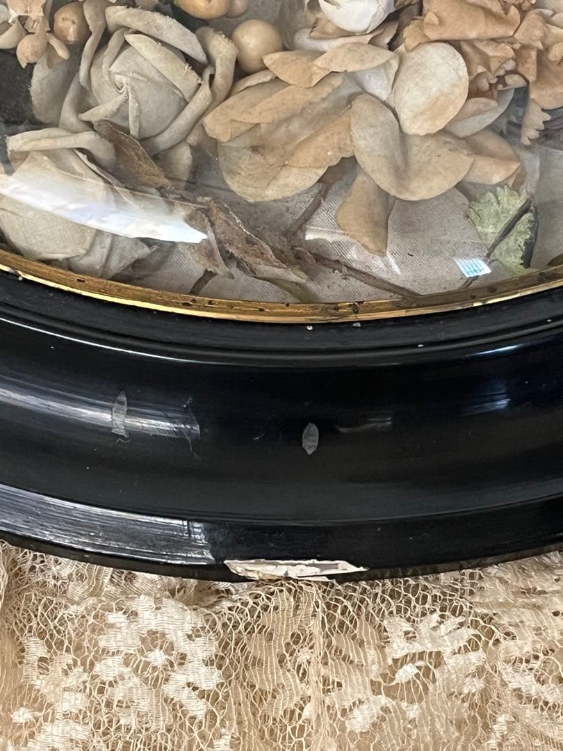 アンティークフランスナポレオンIII グローブドマリエ湾曲ガラスフレーム布花