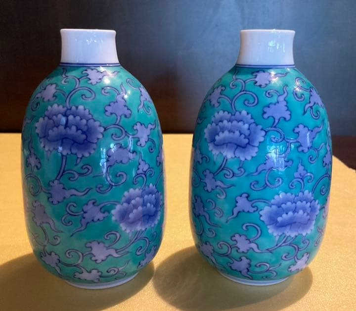 香蘭社　青華緑彩唐草文　手描き　酒器7点セット