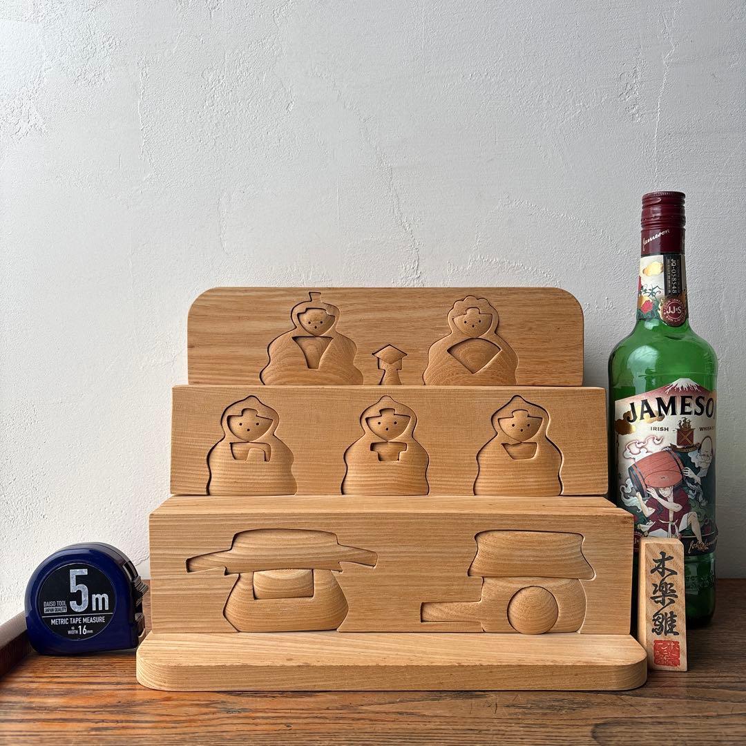 木製 ひな人形 ひな祭り 三人官女 籠 牛車 3段飾り コンパクト 組木 積み木