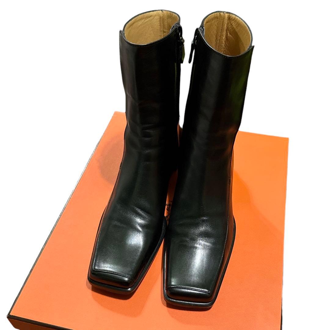 エルメス　黒 レザー スクエアトゥ ロングブーツ　36.5