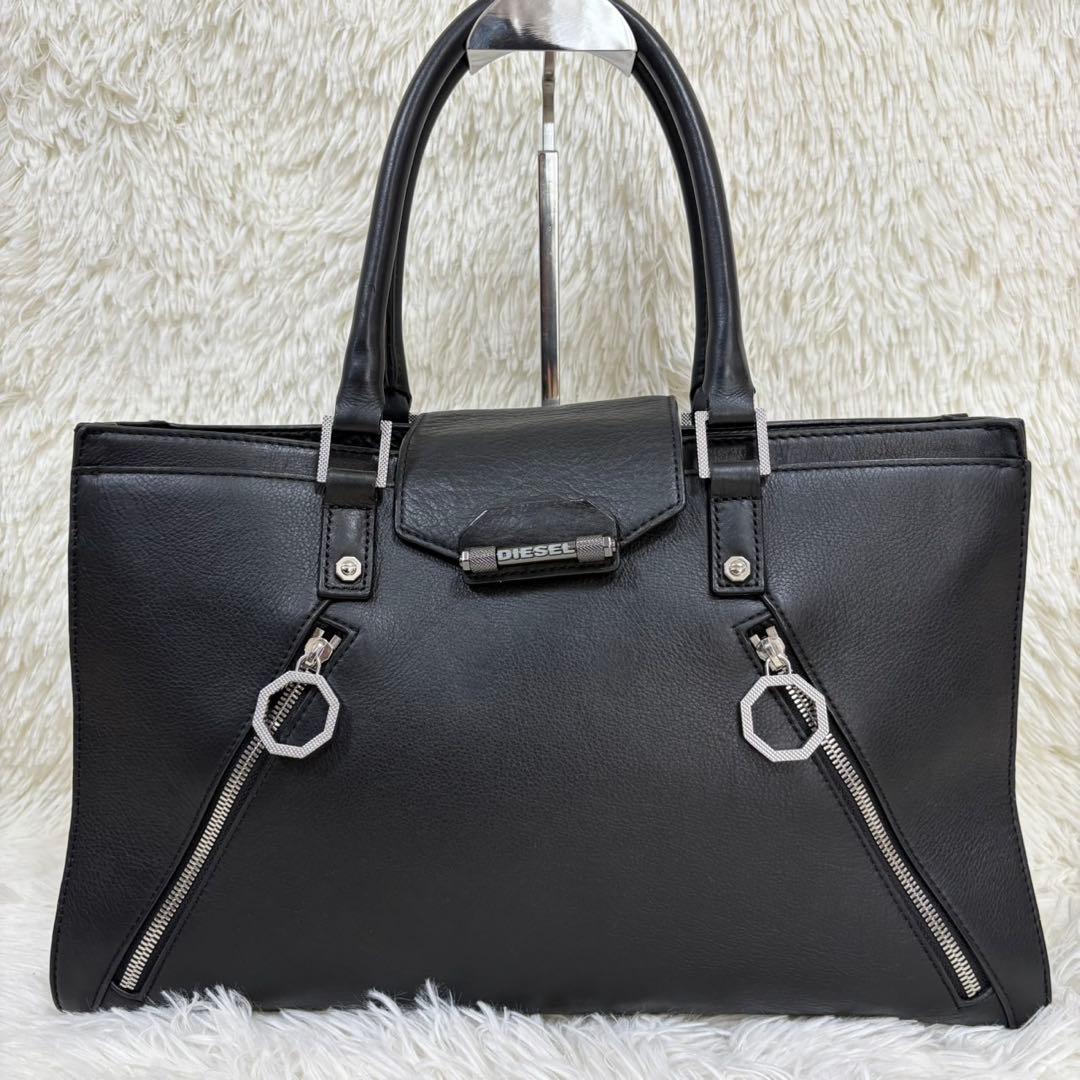 未使用級✨ ディーゼル レザー トートバッグ ハンドバッグ 黒 ジップ ロゴ金具
