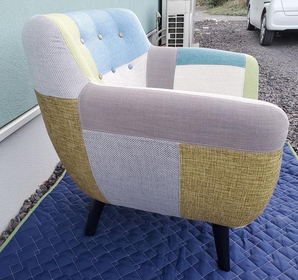 C46　フランフラン　ナビア　パッチワーク1人掛ソファ　グリーン