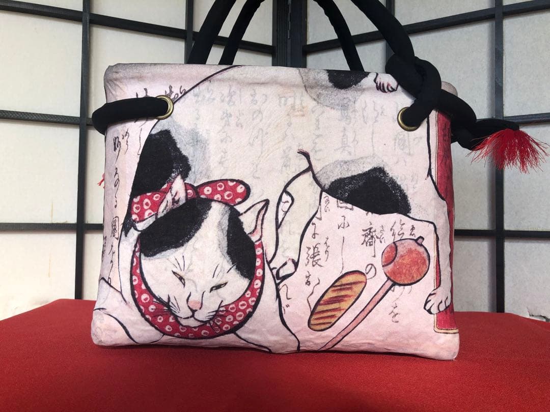 一閑張り　一閑張りバック　歌川国芳　鼠よけの猫　猫　少し大きめ