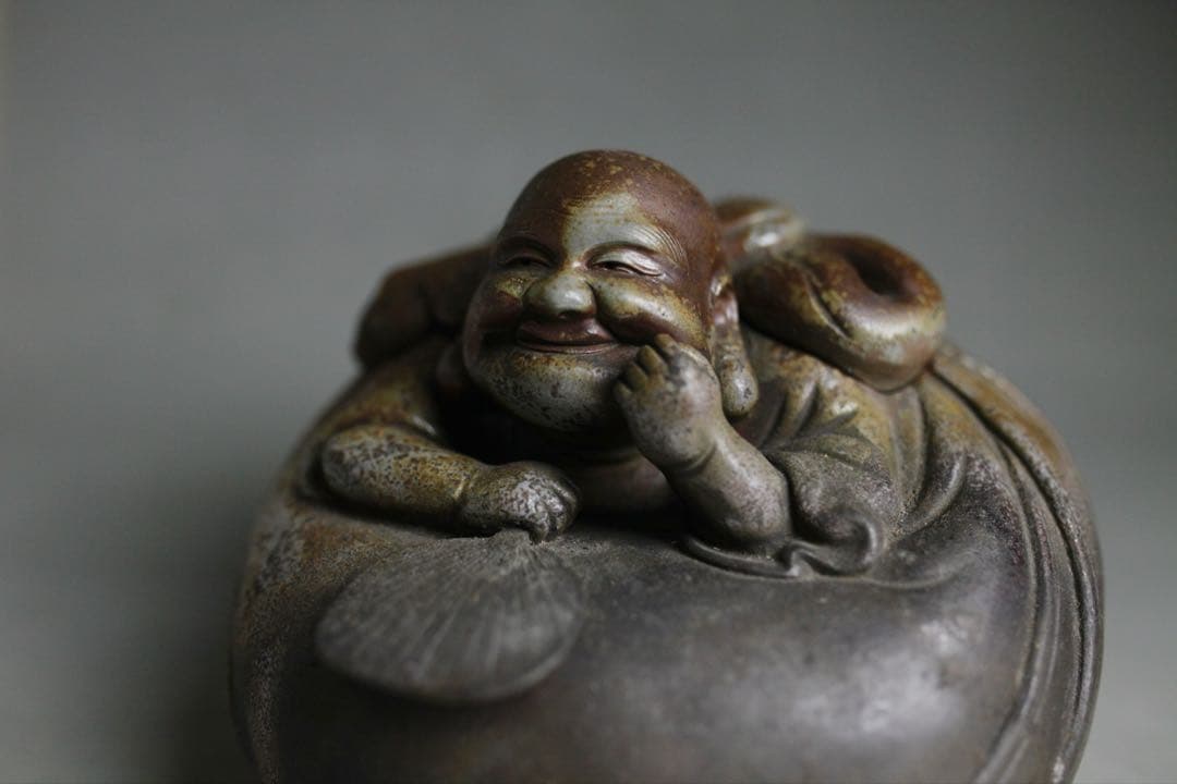 備前焼 難波好陽 細工 縁起物 七福神 布袋 置物 在銘 時代物 香炉 備前