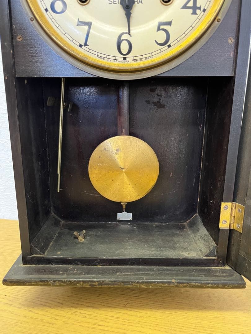 壁掛け振り子時計　SEIKOSHA 木製　アンティーク　レトロ　真鍮文字盤