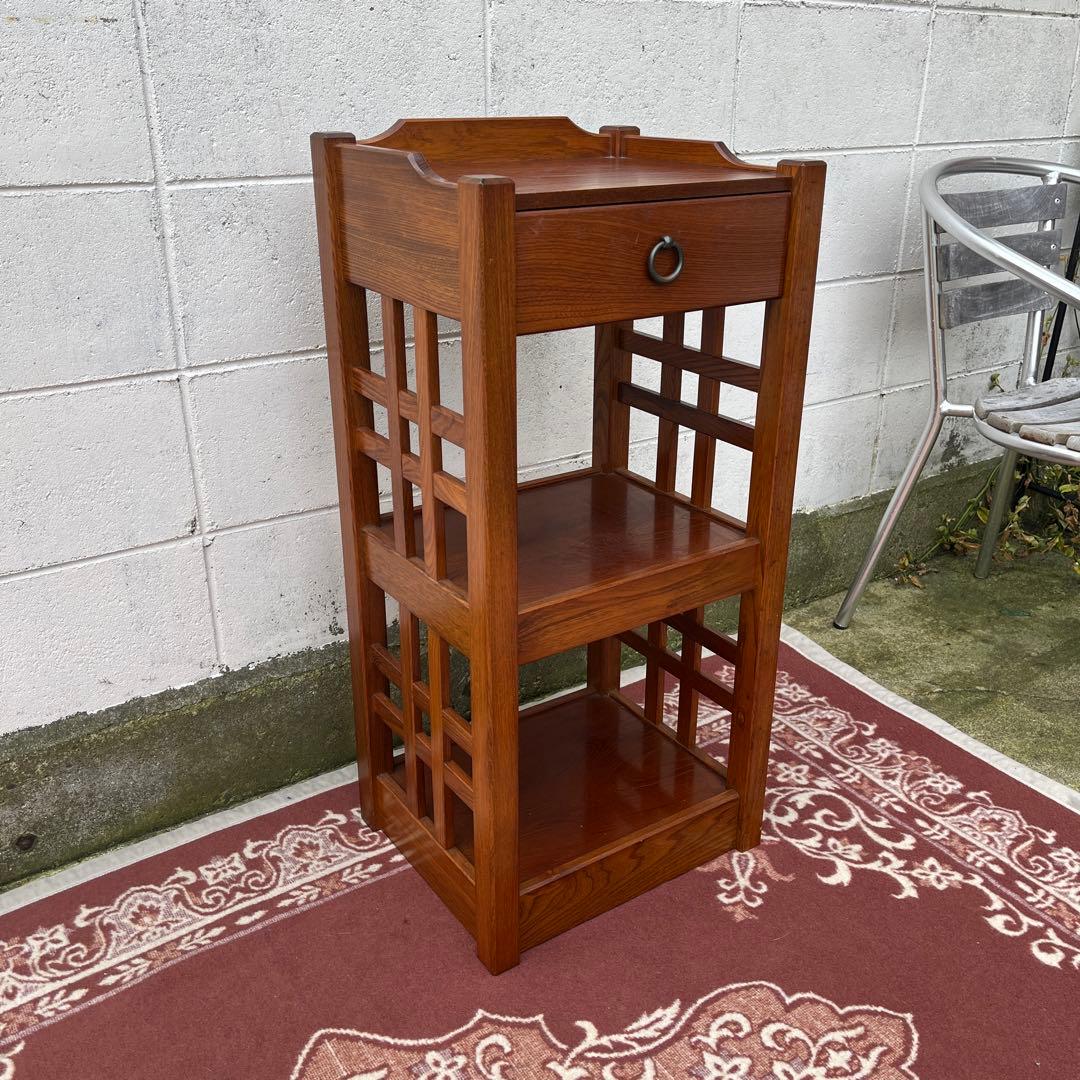 木製家具◾️欅材 サイド格子パネル 引き出し収納付き 整理棚 収納棚 電話台