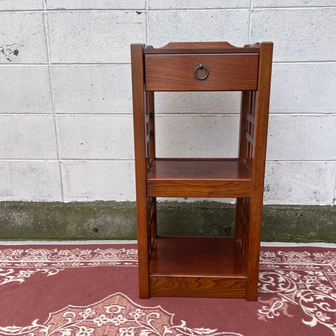 木製家具◾️欅材 サイド格子パネル 引き出し収納付き 整理棚 収納棚 電話台