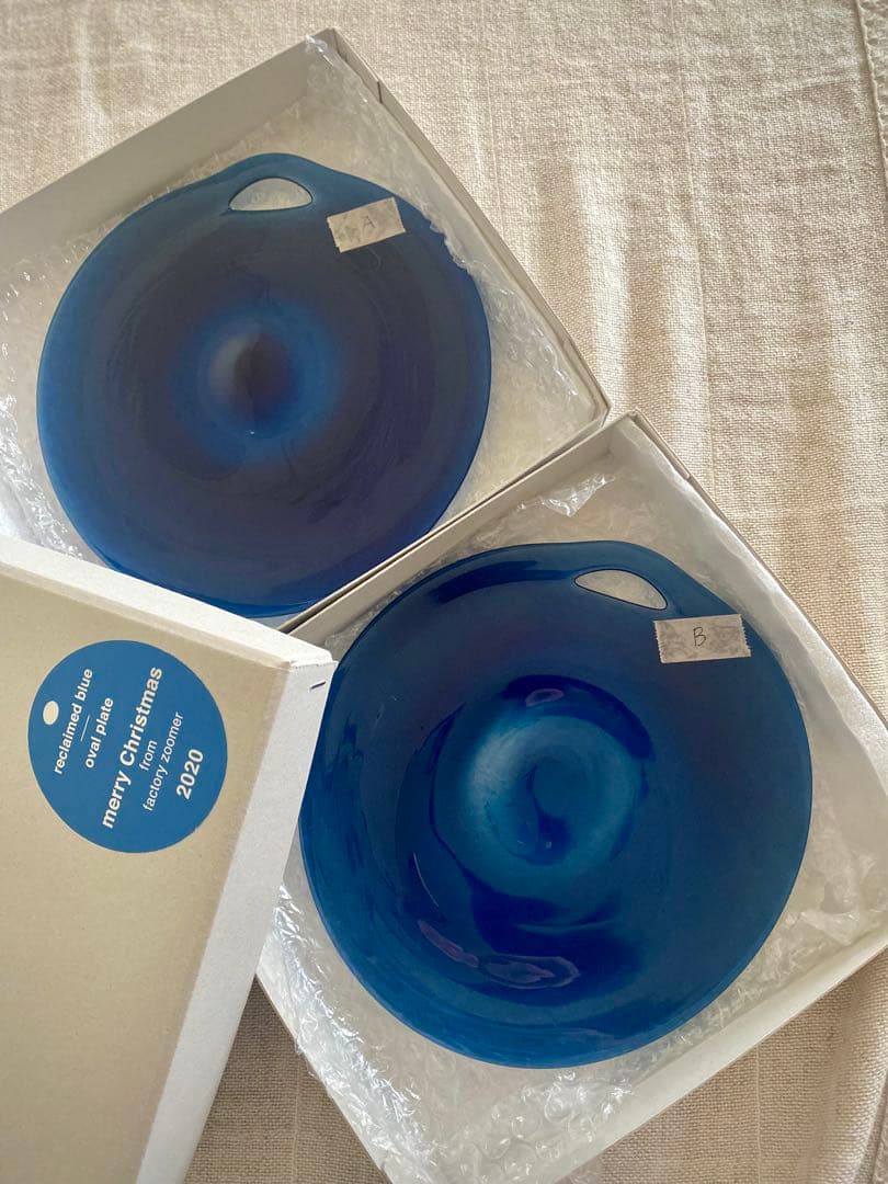 factoryzoomer reclaimed blue 楕円ガラスプレート2枚