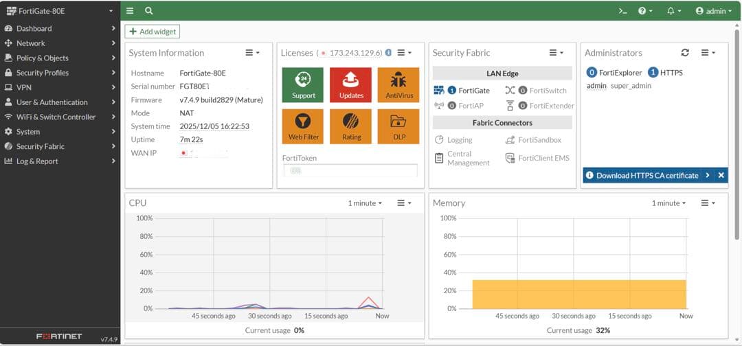 FORTINET FORTIGATE-80E(ライセンス切れ)【v7.4.9】①