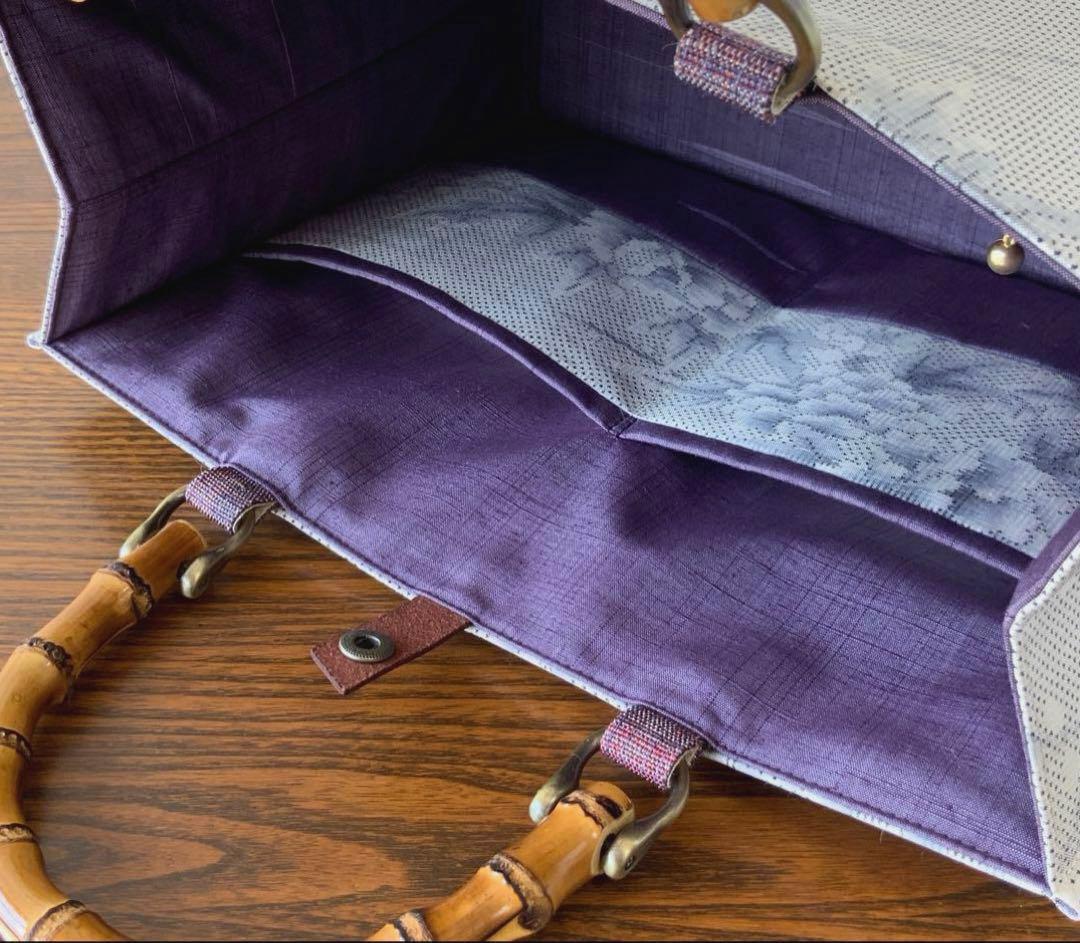 白大島紬 梅に満開の牡丹 リメイク バンブーハンドルバッグ ショッパー風