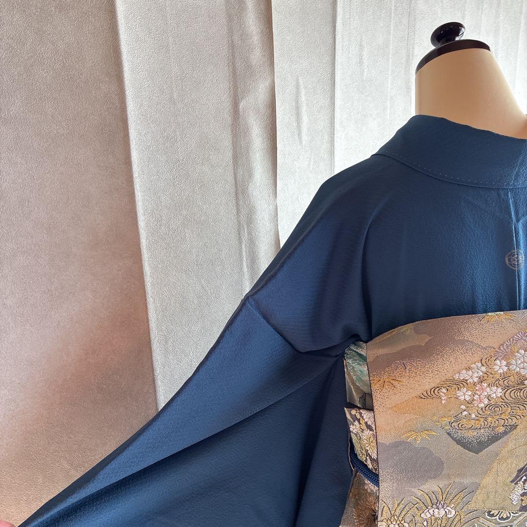 色無地　フルセット　着物　正絹　一つ紋　ブルー系　J9