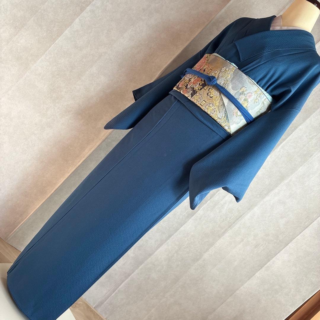 色無地　フルセット　着物　正絹　一つ紋　ブルー系　J9