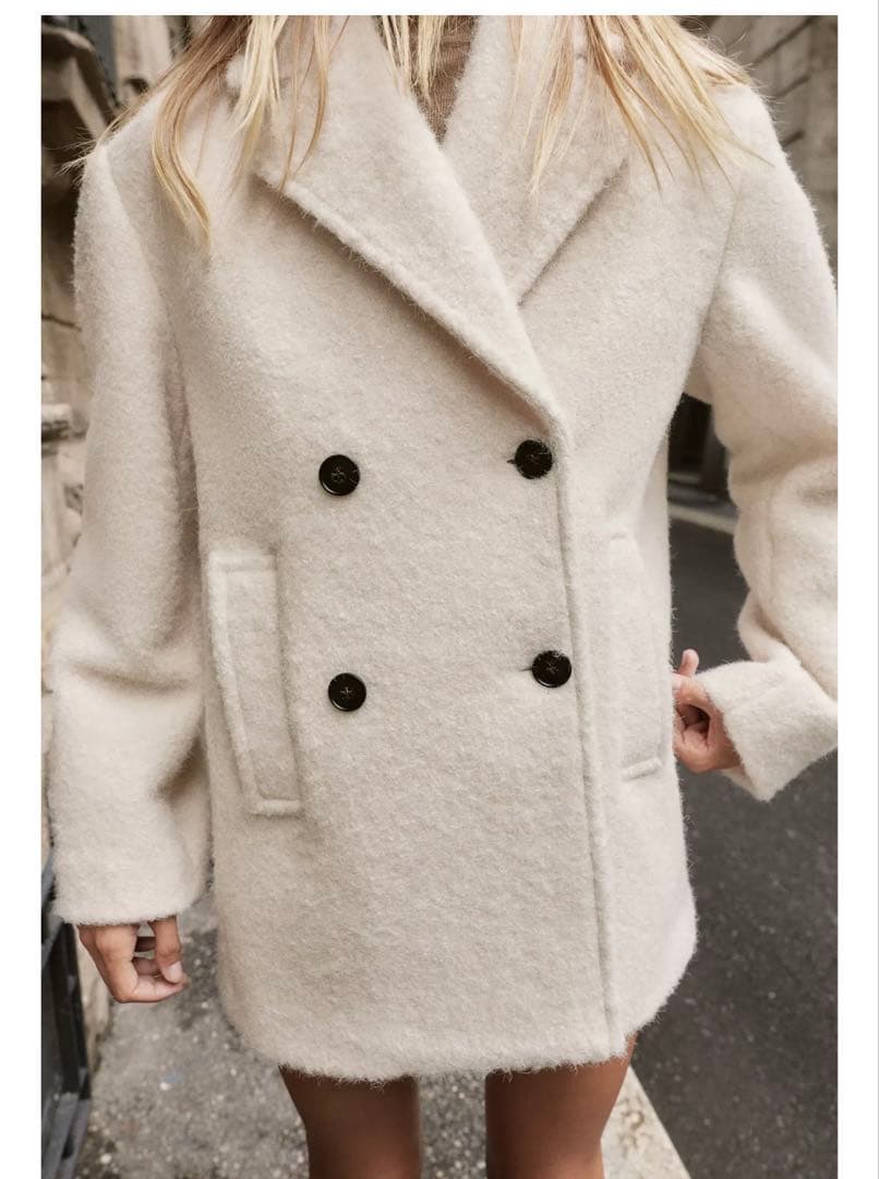 完売品 ZARA ブークレダブルブレストミディ丈コート エクリュ L