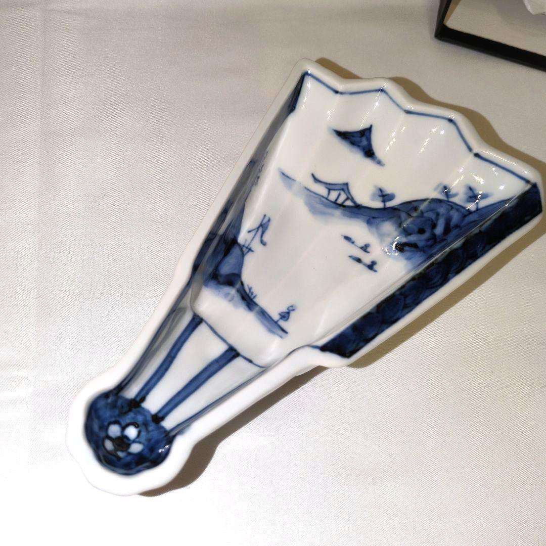 【値下げ】染付山水　半開扇　向付　青白磁　扇形皿　特選陶器５枚セット　箱入り