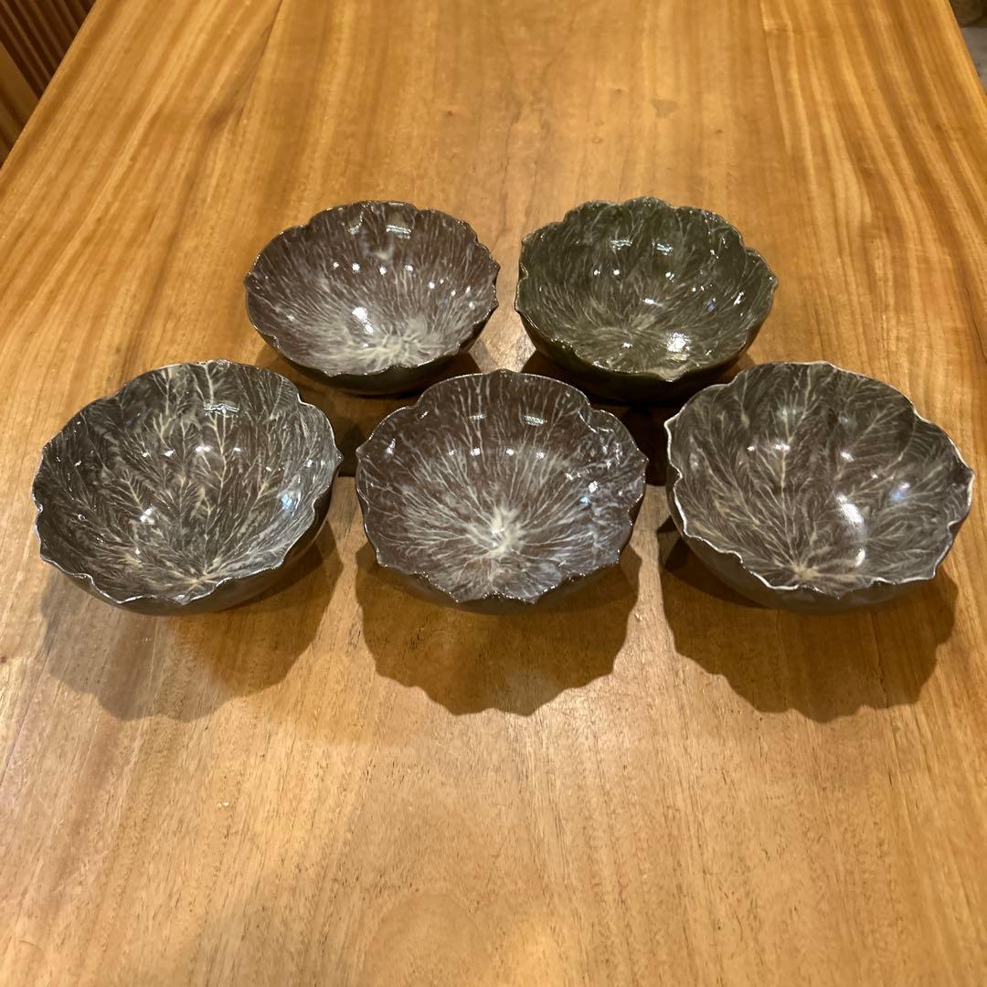 長崎　現川焼 十二代 横石臥牛宗雲作 刷毛目 花形鉢　五個　希少　二