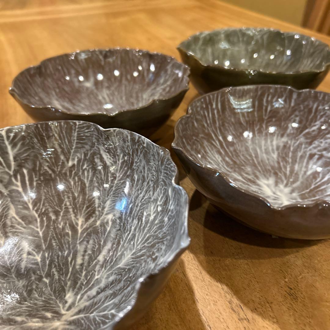 長崎　現川焼 十二代 横石臥牛宗雲作 刷毛目 花形鉢　五個　希少　二