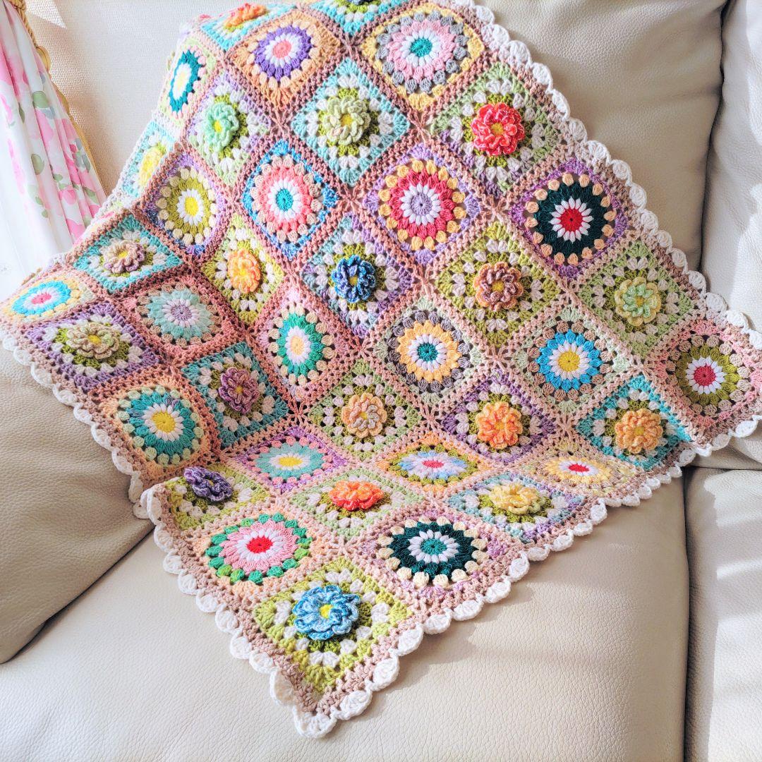 手編みブランケット★お花とおひさまグラニー★グラニースクエア★かぎ針編み