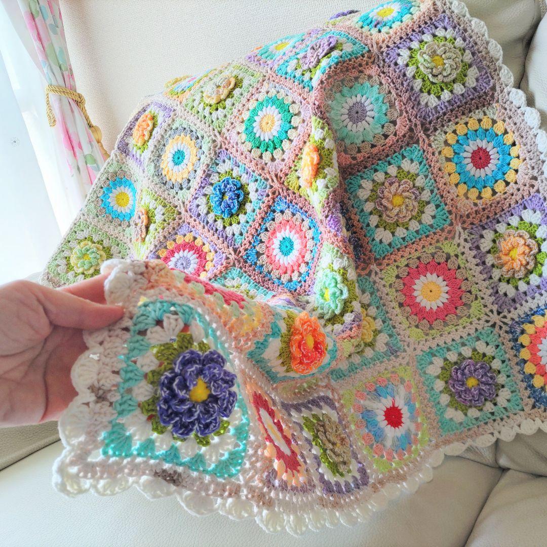 手編みブランケット★お花とおひさまグラニー★グラニースクエア★かぎ針編み