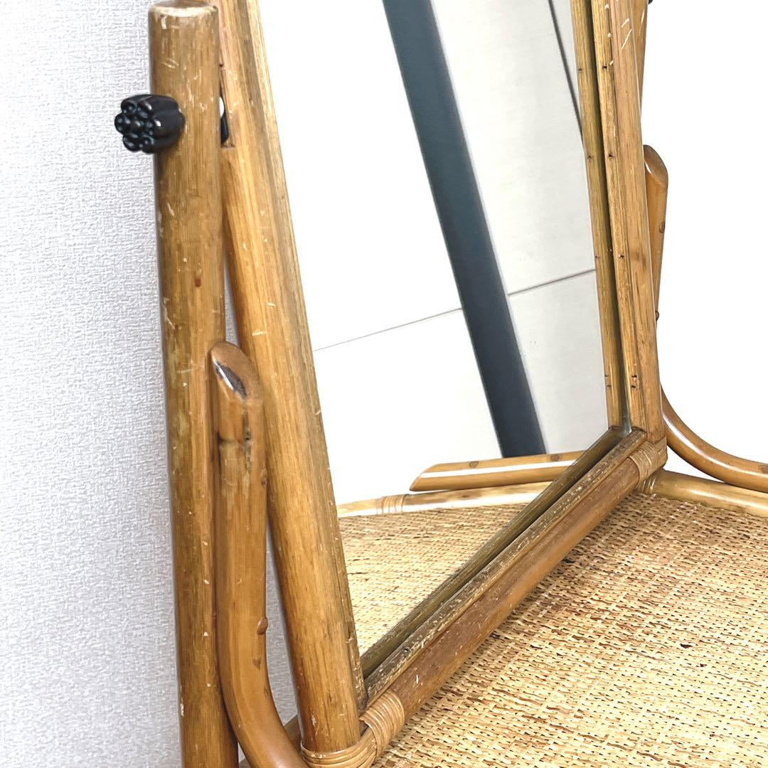 【良品】 ラタン ドレッサー 鏡台 化粧台 スツール付き 籐家具　古家具 レトロ